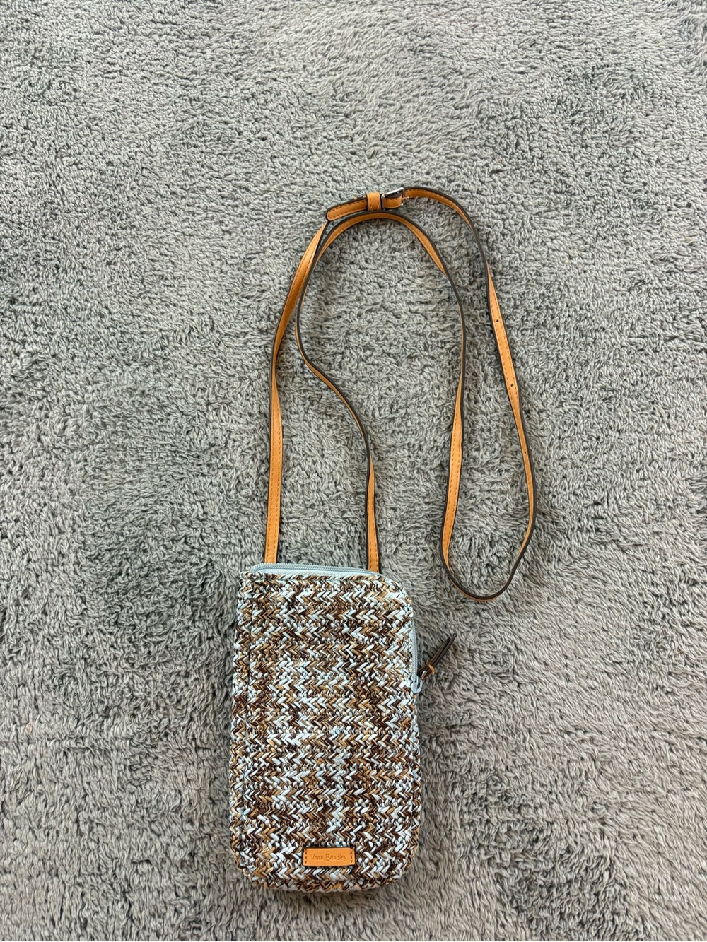 Vera Bradley Woven Brown and Cream Crossbody Phone Pouch with Tan Strap